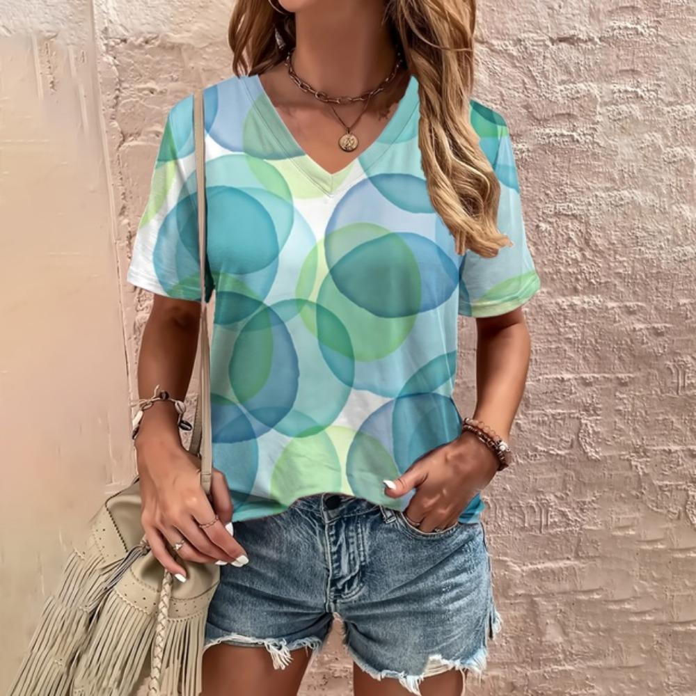 2024 Top Women Summer Women's V-neck T-Shirt Retro Dots Pattern Print T-Shirt Fashion Women's Leisure Short Sleeve T-Shirt