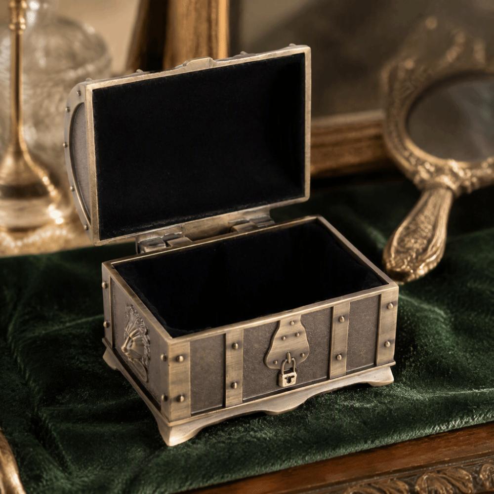 Zinc Alloy Jewelry Storage Case Engraved Pattern Metal Treasure Chest Dresser Tabletop