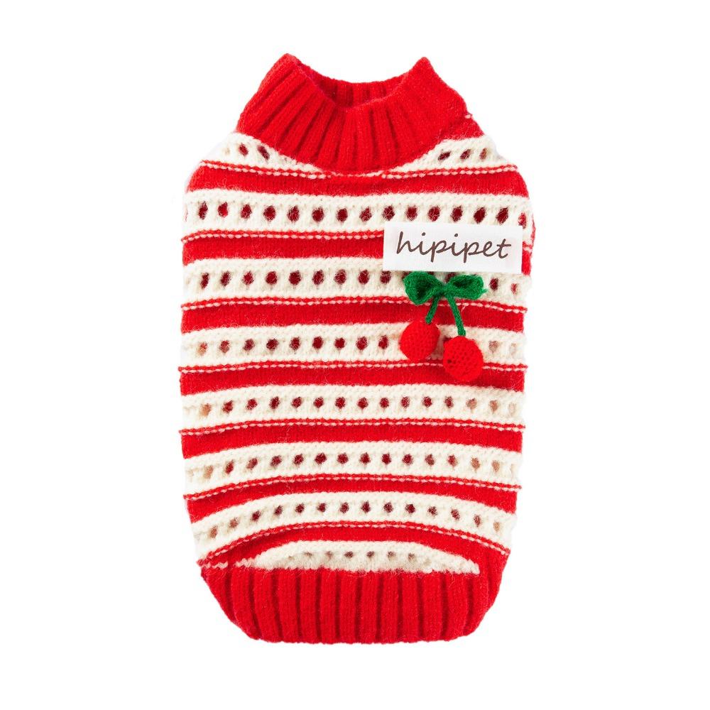 Pet clothes autumn and winter christmas needle red knitted cherry sweater teddy bear small dog two-legged dog clothes