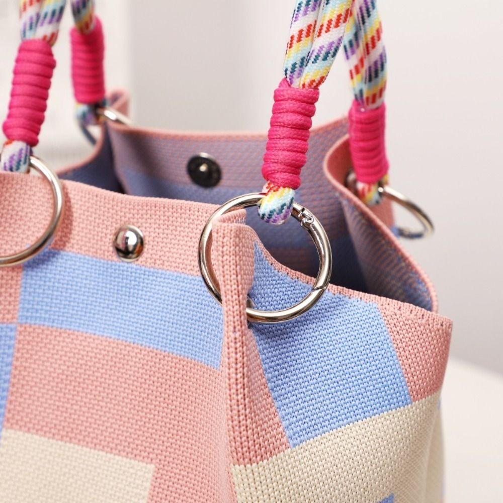 Portable Cartoon Knitted Bucket Bag Handmade Large Capacity Wrist Bag Woven Ring Buckle Handbag for Women Girls