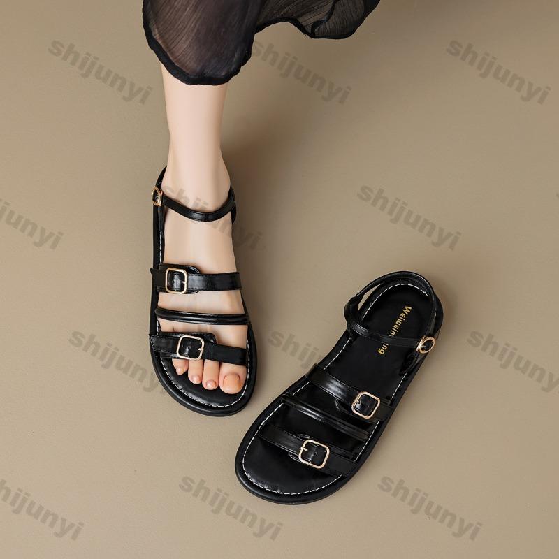 Sandales Vintage pour Femmes 2026 Nouvelles d'Été Extérieur Antidérapantes Plates Décontractées Mode Boucle Sangle Légères Confortables Chaussures Romaines