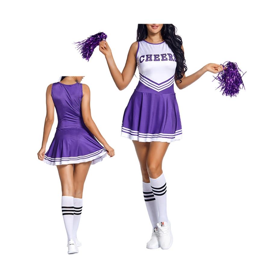 Womens Cheerleading Uniform Dance Costume Schoolgirl Cosplay Outfit Letter Print Sleeveless Dress with Socks Cheering Flower