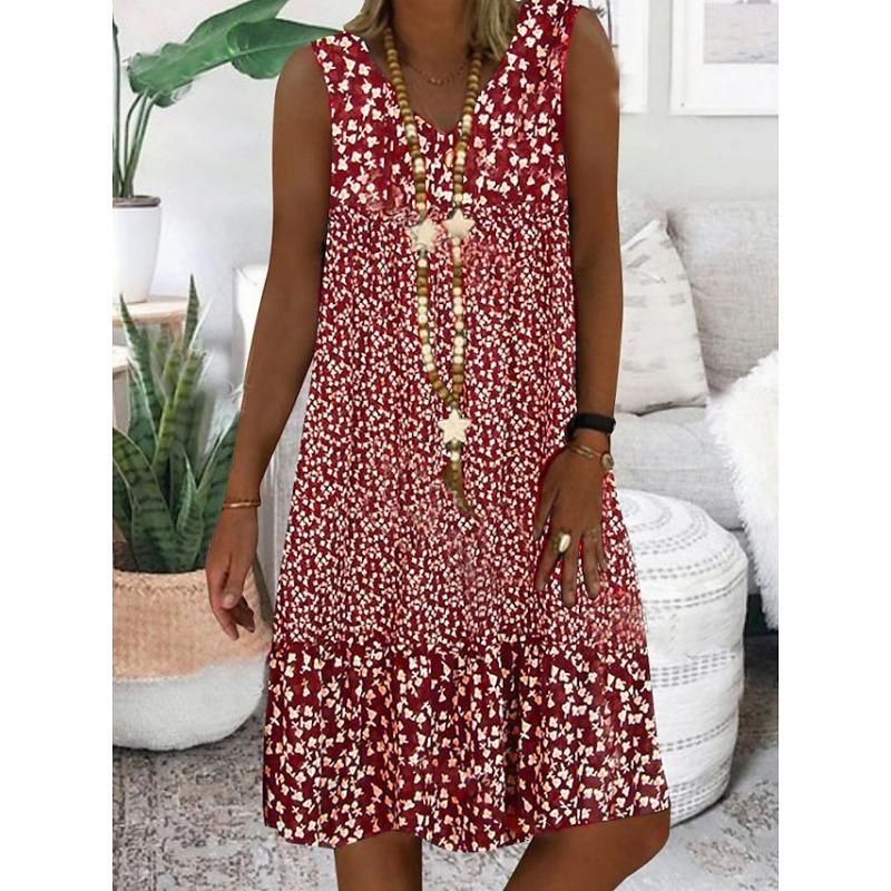 Summer Women's V-neck Sleeveless Dress with Small Floral Prints
