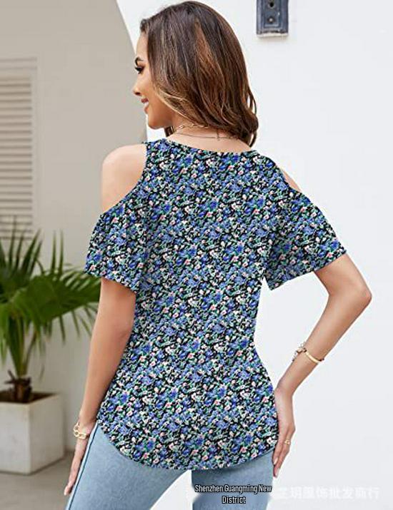 2025 Summer Off-the-Shoulder V-Neck Print Top for Women