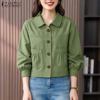 Women Casual Turn Down Collar Solid Color Long Sleeve Blouse
