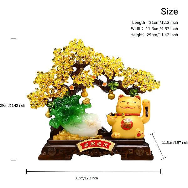 Aris & Juno 11.42'' Feng Shui Money Tree Statue with Fortune Cat & Jade Cabbage, Lucky Wealth Decor for Bookshelf, Home Office & Business Opening