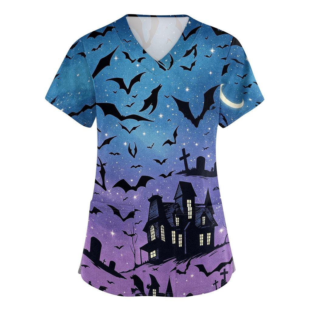 Womens V Neck Halloween Print Short Sleeve Scrub Top with Pocket Side Slit Medical Uniform Shirt for Healthcare Professionals