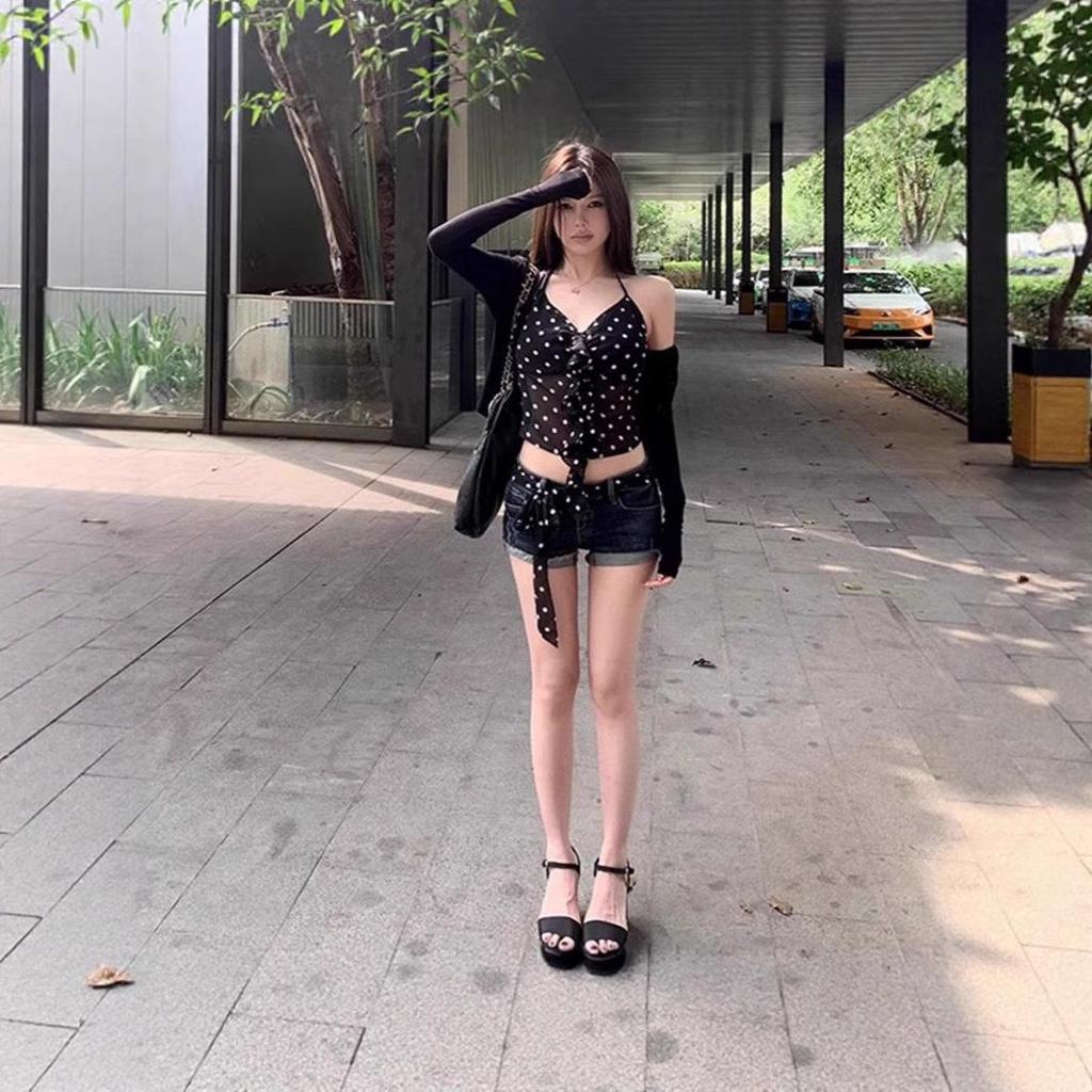 Women's Polka Dot Halter Vest: Slim Fit, Sexy Mesh, Versatile Inner or Outer Layer, Slightly Transparent, Perfect for Summer.