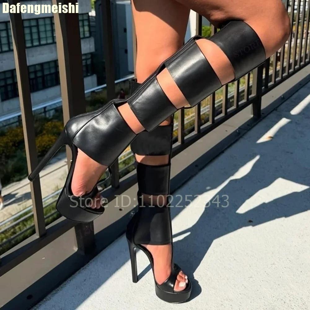 Fashion 2025 Summer Caged Platform Sandals Boots Women Gladiator Open Toe Thin High Heels Fashion Classy Black Leather Hollow Sandals