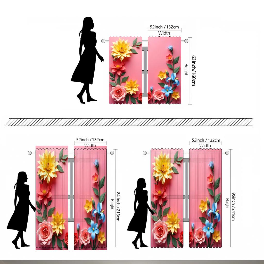 2pcs Vibrant Floral Print Curtains - Pink with Yellow, Red, Blue, Orange & Green Flowers and Leaves, Rod Pocket Design for Easy