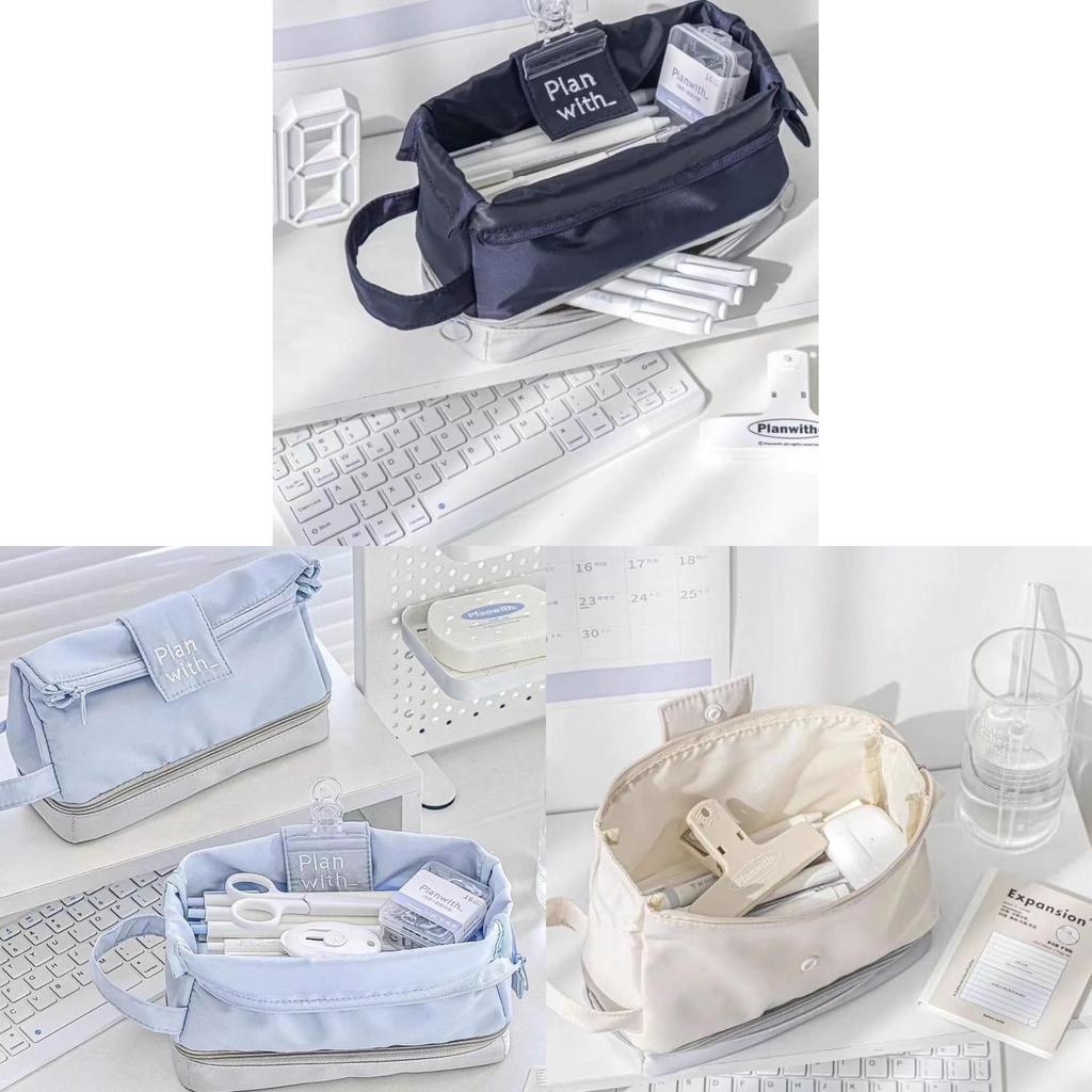 Student Nylon Double Layer Pencil Case Large Capacity Organizer For School And Office