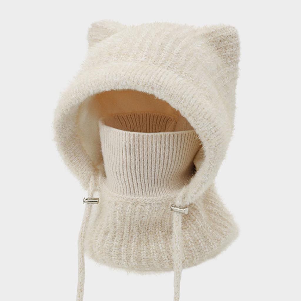 Women's Oversized Winter Hat with Ear, Face Cover and Neck Warmer, One-Piece Knit Scarf for Cold