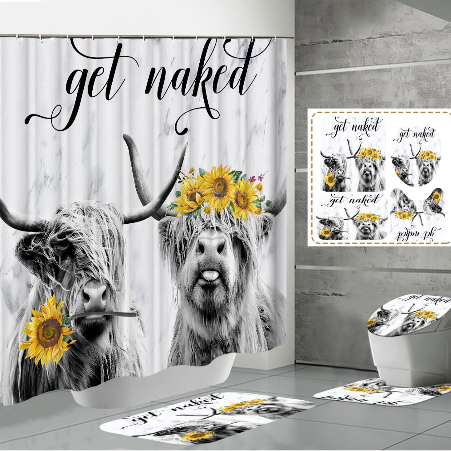 3D Polyester Digital Printing Shower Curtain Flower Cow Head Bathroom Partition Shower Curtain Four-Piece Set Floormat40x60cm