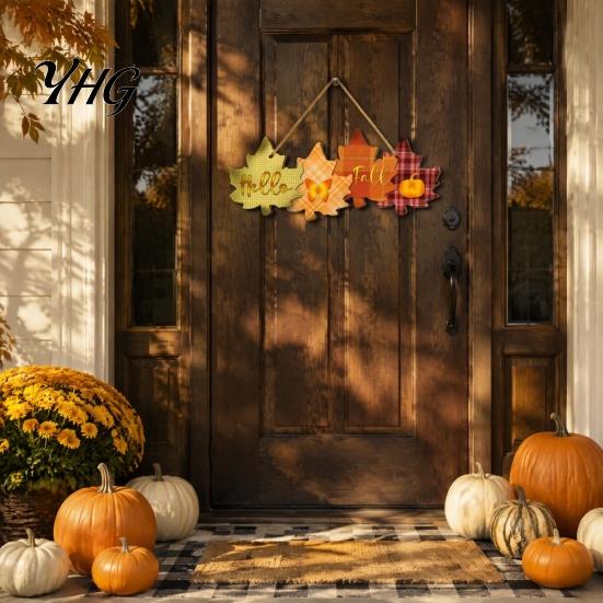 Rustic Autumn Welcome Sign with Hanging Rope for Front Door, Maple Leaf Shape Wood Wooden Plaque Decor Pumpkin And Butterfly Elements Fall Harvest