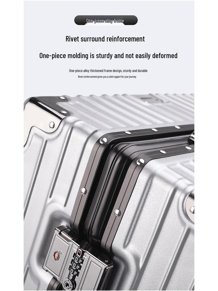 Large Capacity Aluminum Frame Travel Suitcase with Combination Lock, Trolley Wheels, and Durable Design for Men and Women.