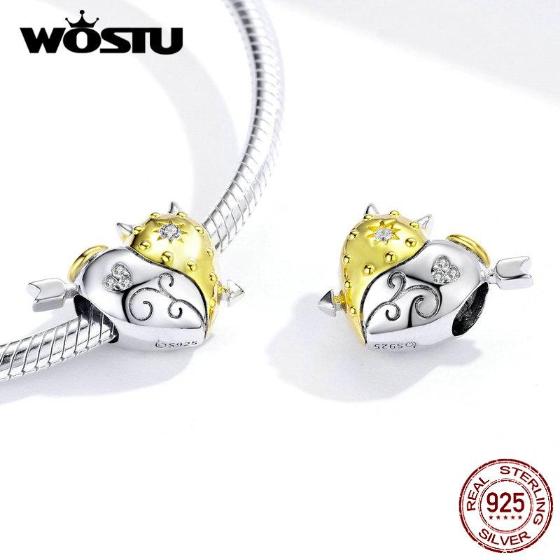 WOSTU Hot Sale 925 Sterling Silver Heart Shaped Dangle Charm Beads Fit Original Bracelets Fine Jewelry Gift