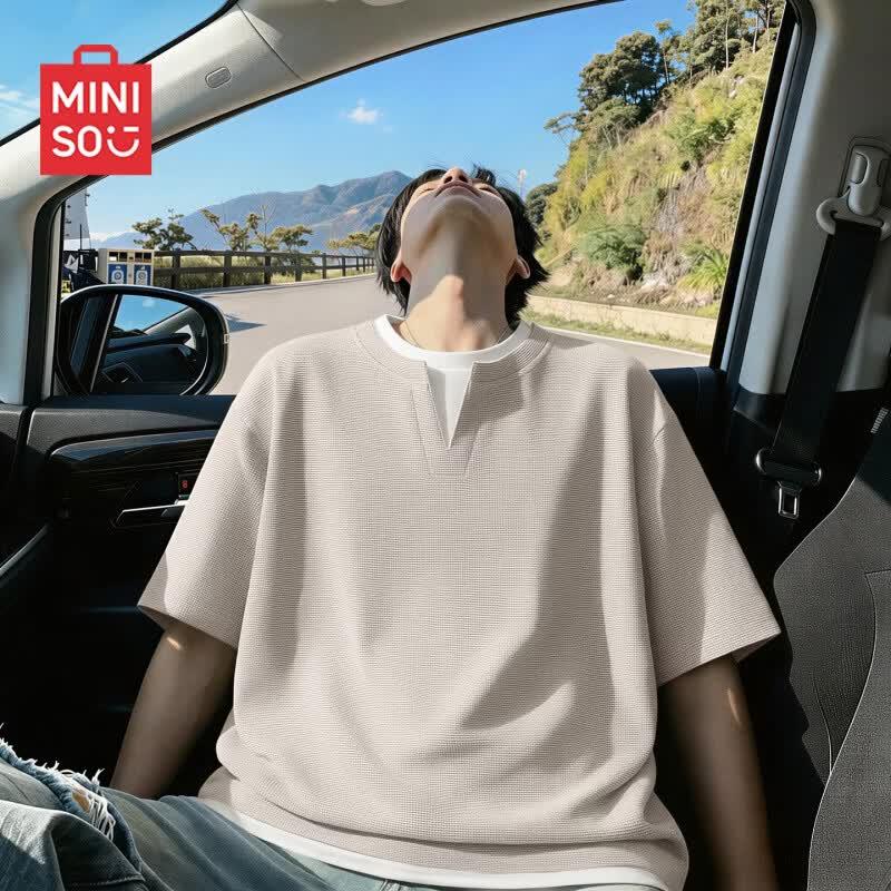 MINISO Men s Waffle Knit Fake Two-Piece Short Sleeve T-Shirt 3XL