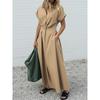 Elegant Women Long Dresses Casual Short Sleeve Collared High Waisted Casual Shirt Dress Solid Color