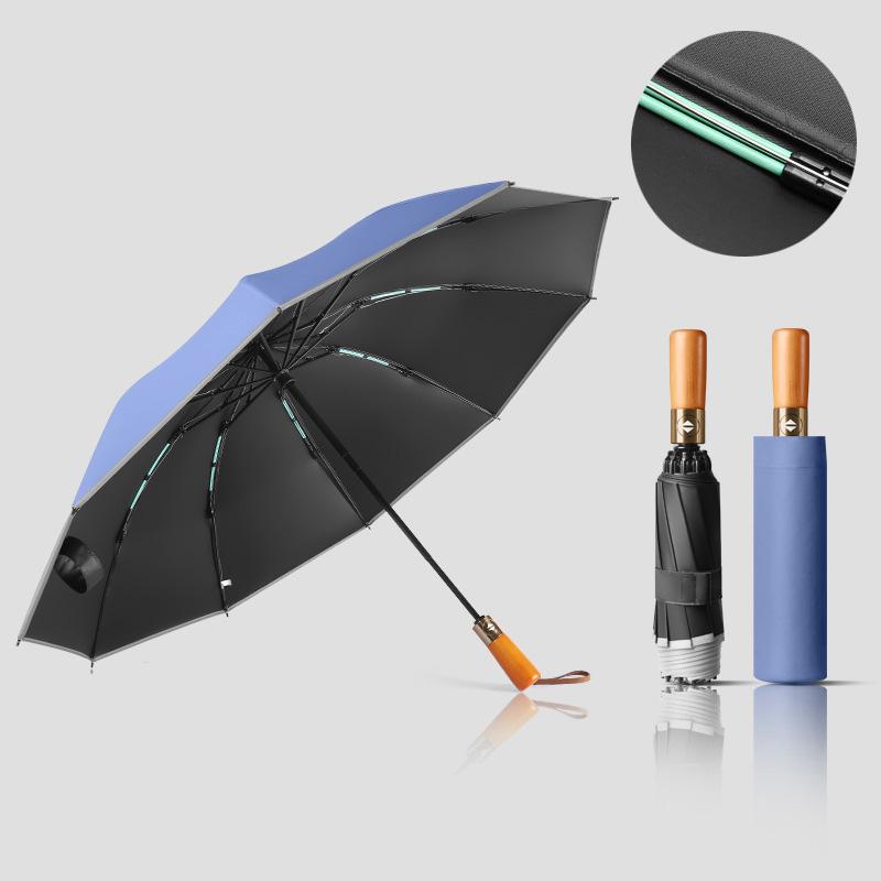

Зонт 1шт., тройной, обратный, складной, для дождя и дня, с ручкой из цельного дерева, 98 см, 10 костей, полностью автоматический, солнцезащитный и ветроустойчивый