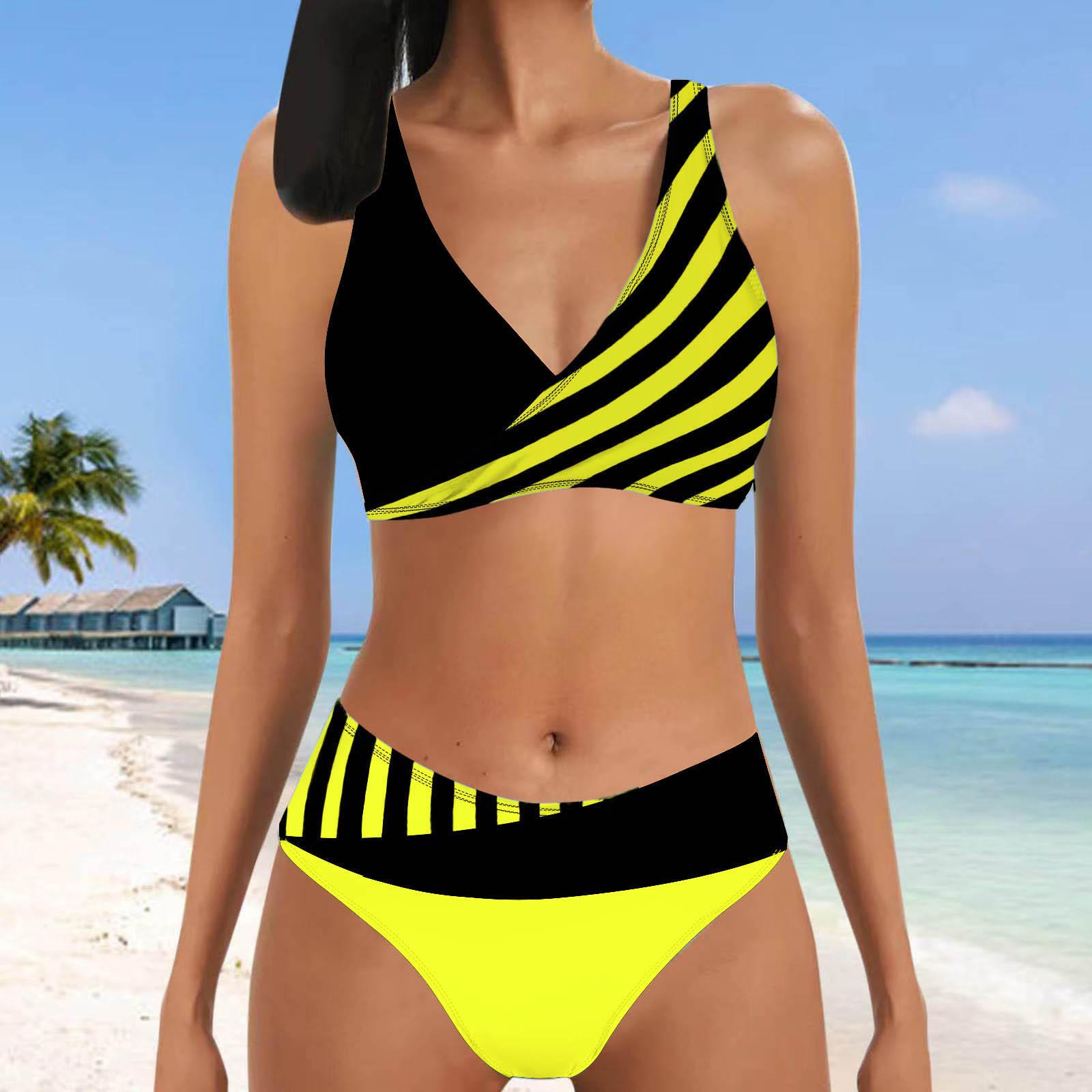 

Женский купальник с подвесным вырезом и бикини с принтом в одну диагональную полоску, короткий купальник-майка 5XL жёлтый