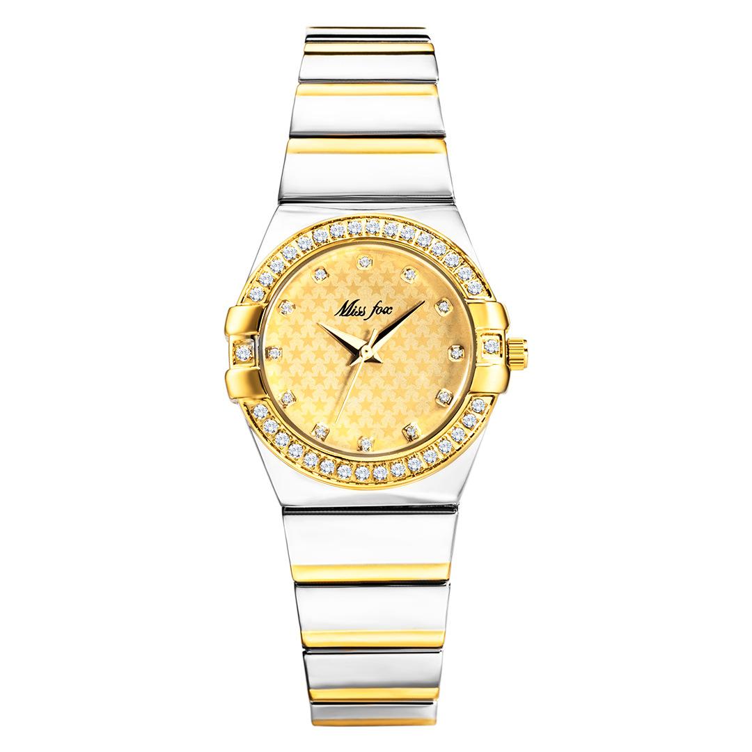 

MISSFOX женские кварцевые часы элегантные модные водонепроницаемые наручные часы с ремешком из нержавеющей стали и бриллиантовым циферблатом золотистый