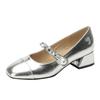 Leather Mary Jane Single Shoes Women's Light Shoes Thick Heel 2025 Spring New Round Head French Color Matching Temperament Silver Single Shoes
