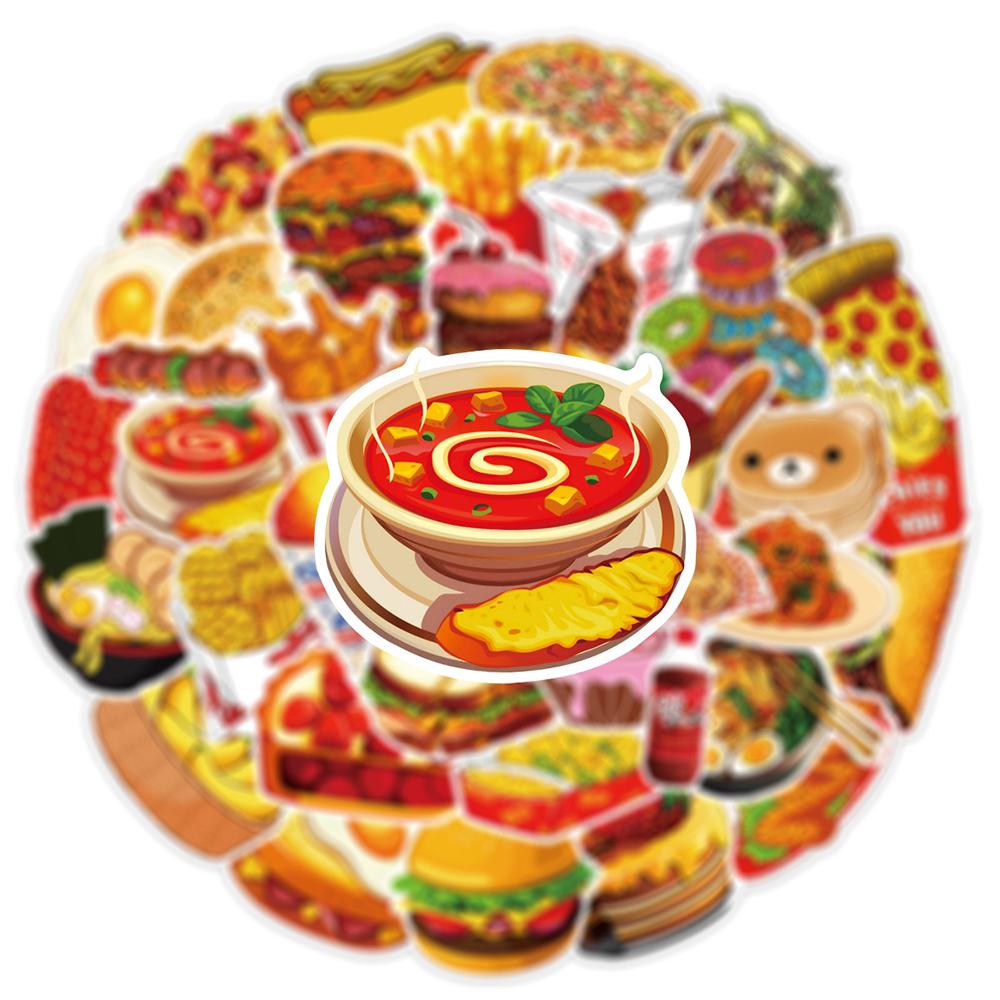 10/30/50pcs Delicious Food Cartoon Stickers Hamburgers Pizza Cake Graffiti Decals Fridge Luggage Phone Diary Waterproof Sticker