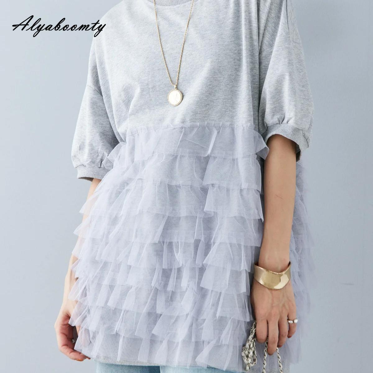 

Корейская мода летняя женская футболка короткая с круглым вырезом черная серая оборками футболка с коротким рукавом элегантный хлопковый женский топ One Size чёрный