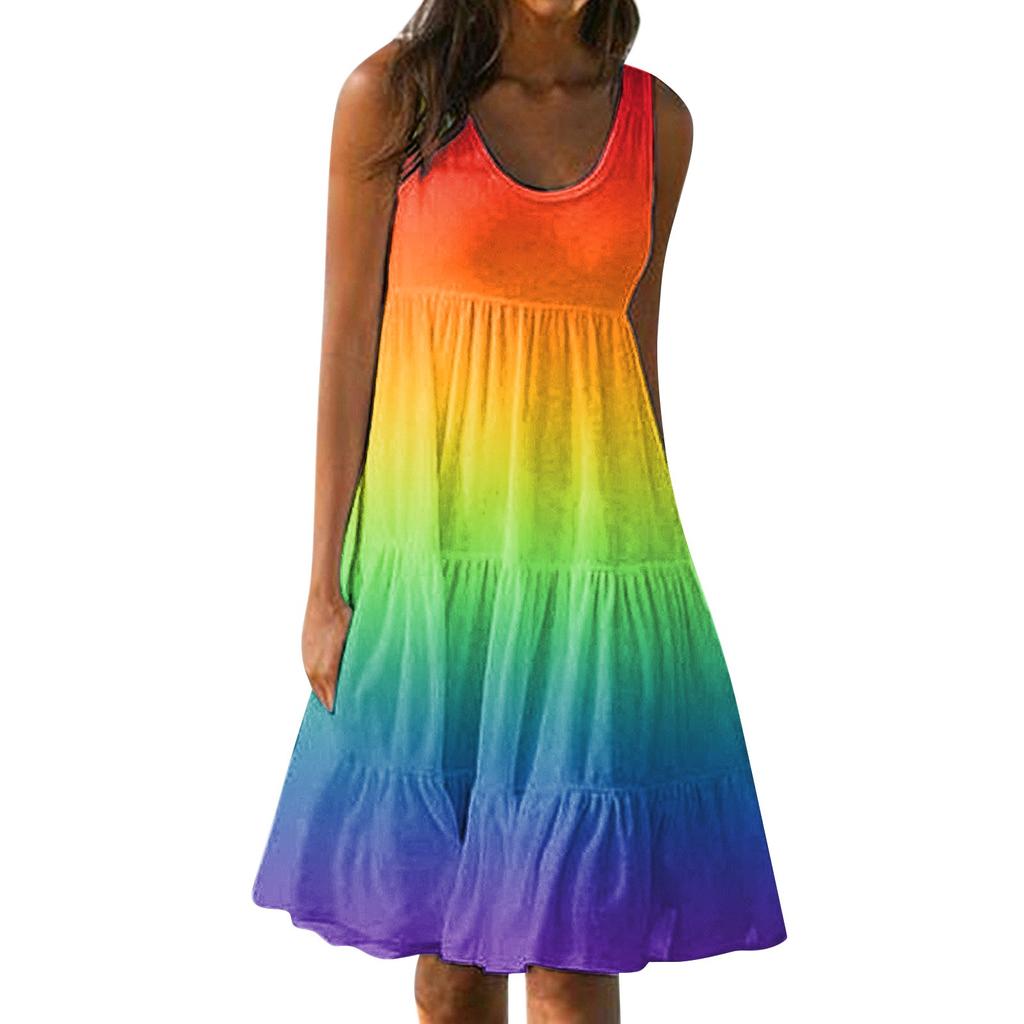 Mode für Damen, lässig, Sommer, bedruckt, Sommerkleid, lockerer Farbverlauf, Strandrock-Kleid