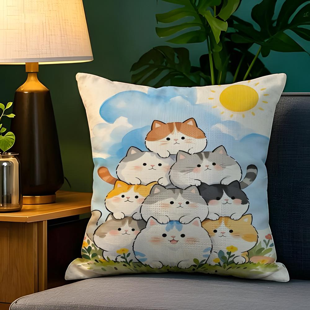 Spring Sunshine Cat Illustrations  Pillow Case Natural Linen Pillow Case DoubleSided Decor Sofa Pillowcase Home Decor