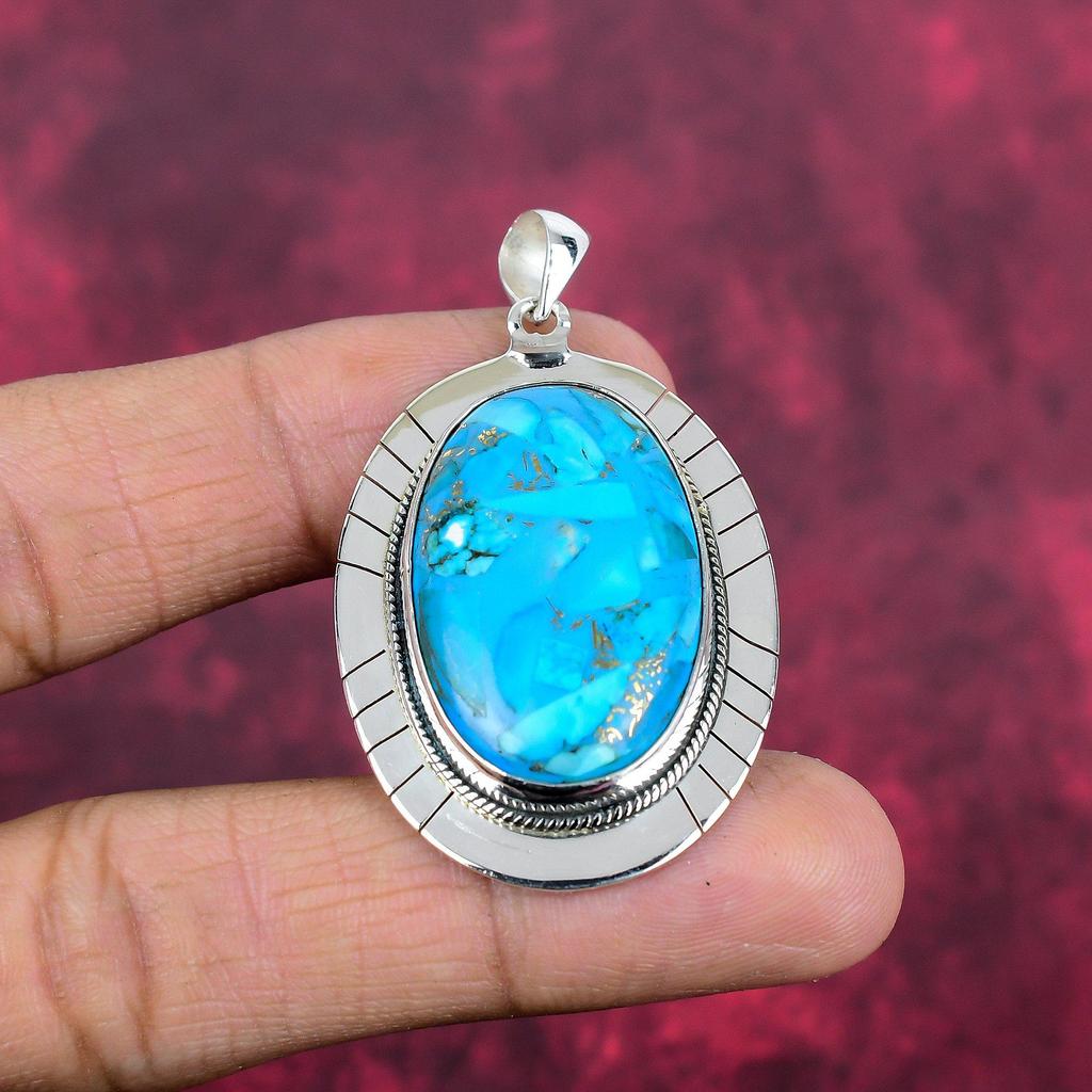 Blue Copper Turquoise Gemstone Pendant Handmade Jewelry, Brand New 925 Sterling Silver Jewelry Gift For Wife