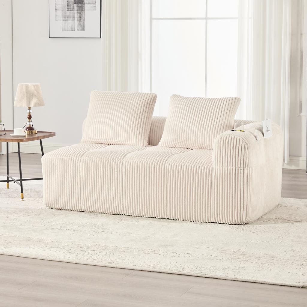 Cozy Corduroy Two-Seater Sofa – No Assembly, Soft Back Cushions, Side Storage Pocket for Remote Control and Phone, Cup Holder – Neat and Aesthetic.