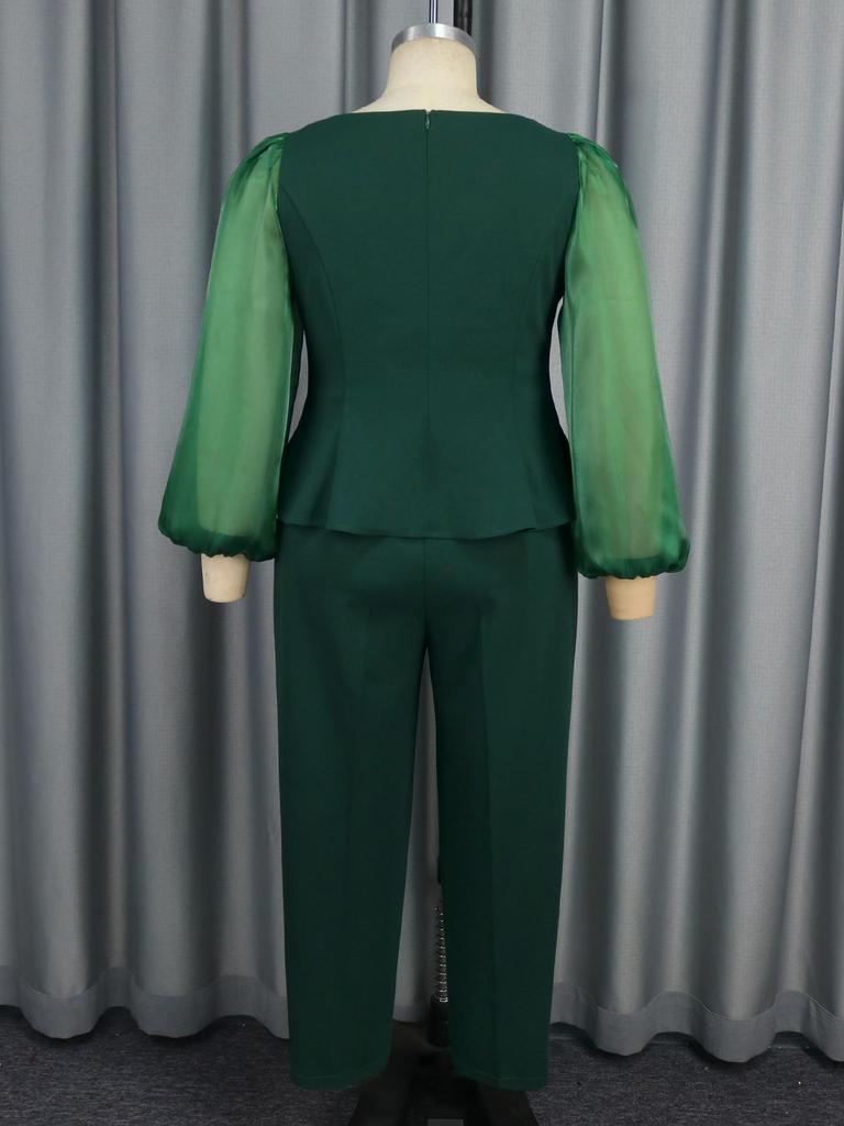 Set de Pantaloni Verzi Mărimi Mari cu Mâneci din Plasă Strălucitoare și Detaliu Floral 3D Perfect pentru Biserică Adunări Formale și Evenimente Speciale