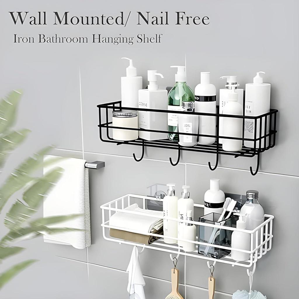 2 Pcs Stainless Steel Bathroom Shelf for Wall | Self Adhesive Bathroom Organiser | 4 Hooks for Towel Holder | Space-Saving Wall Mounted Bathroom Shelf