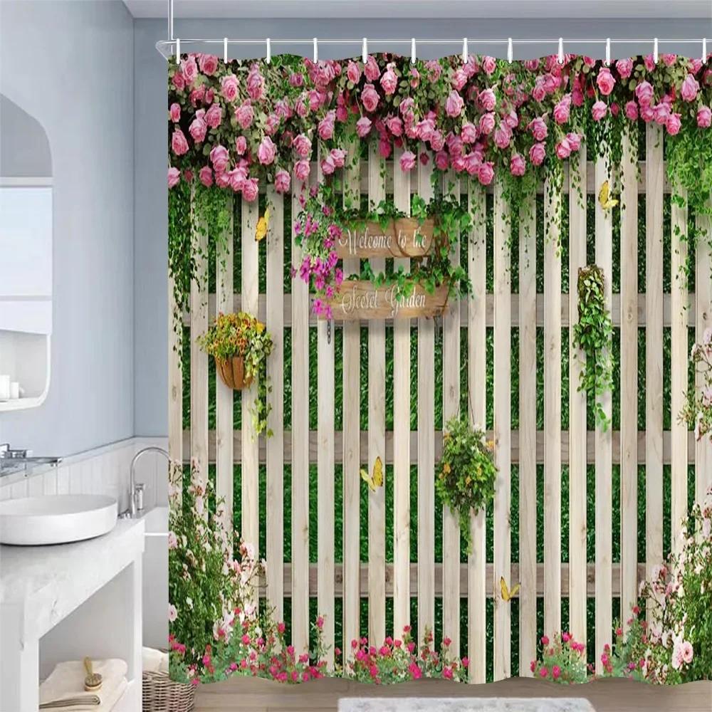 European Landscape Shower Curtains Purple Flowers Plants Blue Wooden Door Vintage Mediterranean Style Bathroom Decor with Hooks