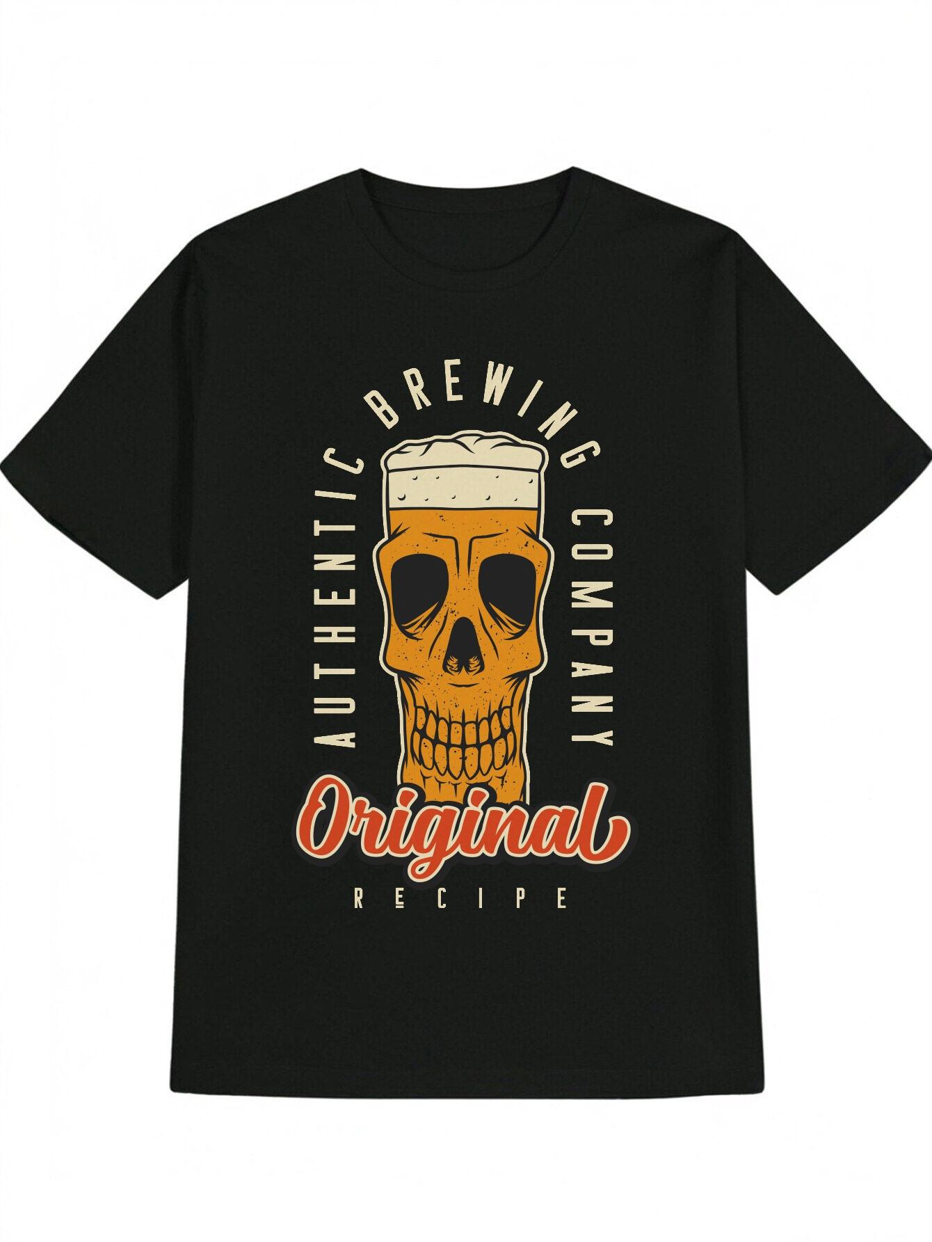 Casual Round Neck T-shirt with Skull Beer Mug Print -  Authentic Brewing Company Original Recipe  Design L