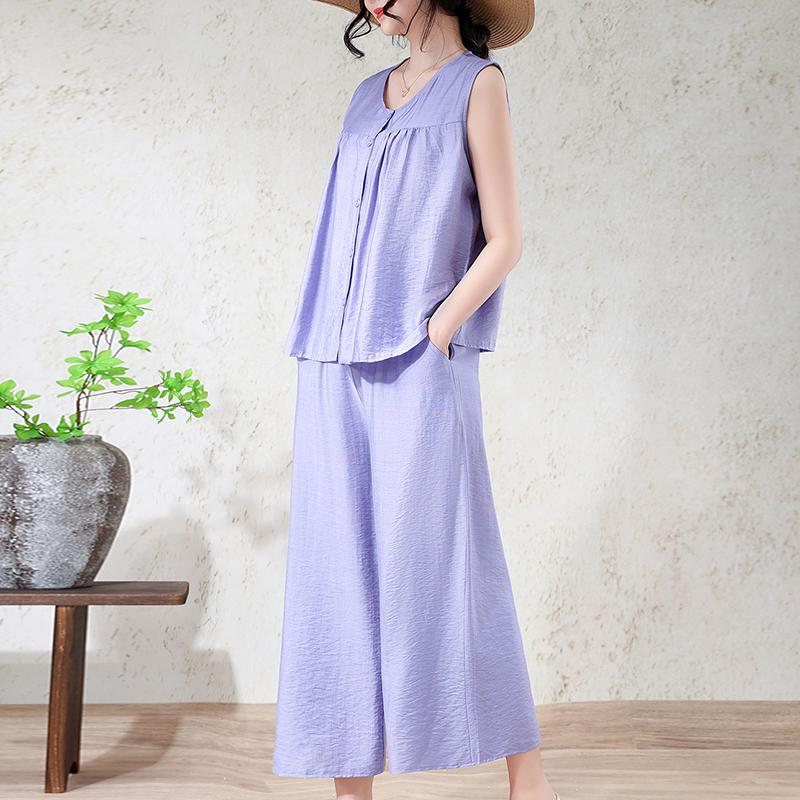 Women's Plus Size 2-Piece Set, Linen-cotton Sleeveless Button Top & Wide Leg Pants (XL-7XL)