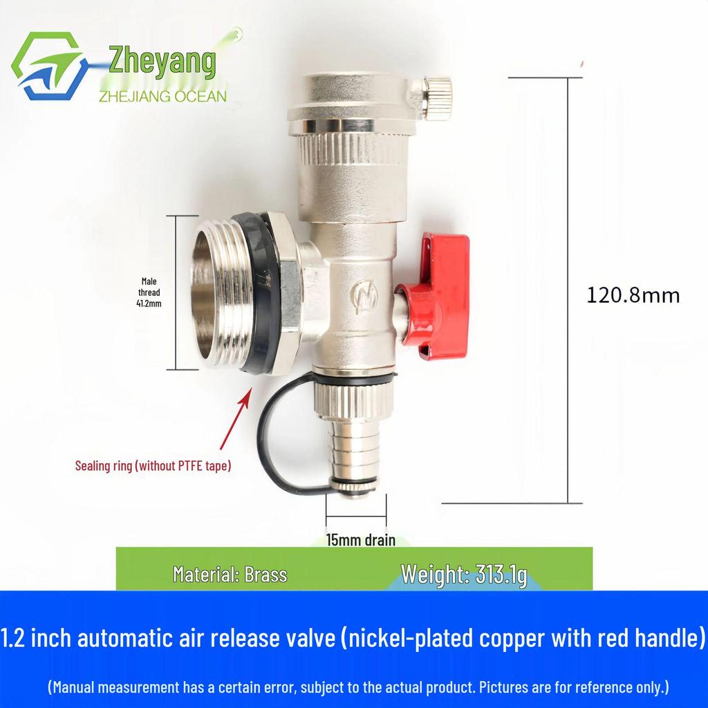 Automatic Brass Geothermal Manifold Air Vent and Water Drain Valve for Underfloor Heating, Large Flow, 1-1.2 inch Tailpiece
