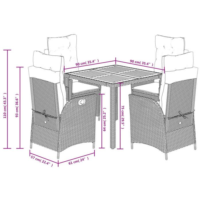 VidaXL Garden Dining Set with Cushions 5 Pcs, Table and Chairs with Adjustable Backrest, Outdoor Furniture, 3213333