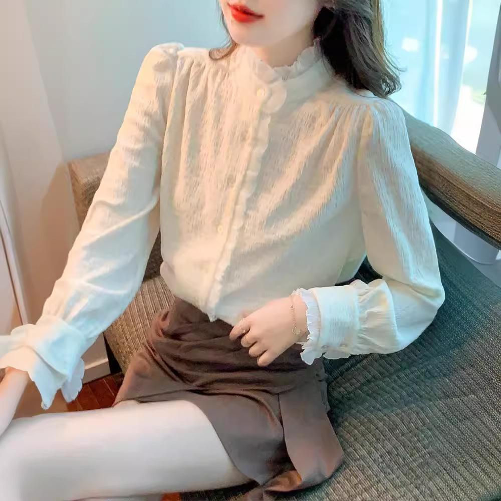 Women's Autumn and Winter Long-sleeved Bottom Shirt with A Stand-up Collar and Velvet Shirt with A Temperamental Palace Chiffon Top