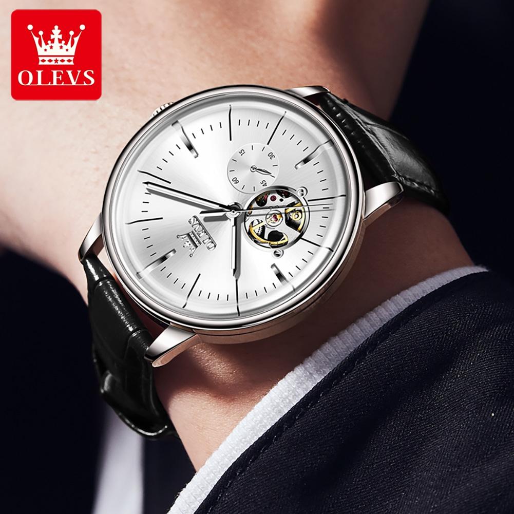 OLEVS 6708 Fashion Men's Watches Leather Strap Original Brand Self-winding Automatic Mechanical Wristwatch for Man Waterproof