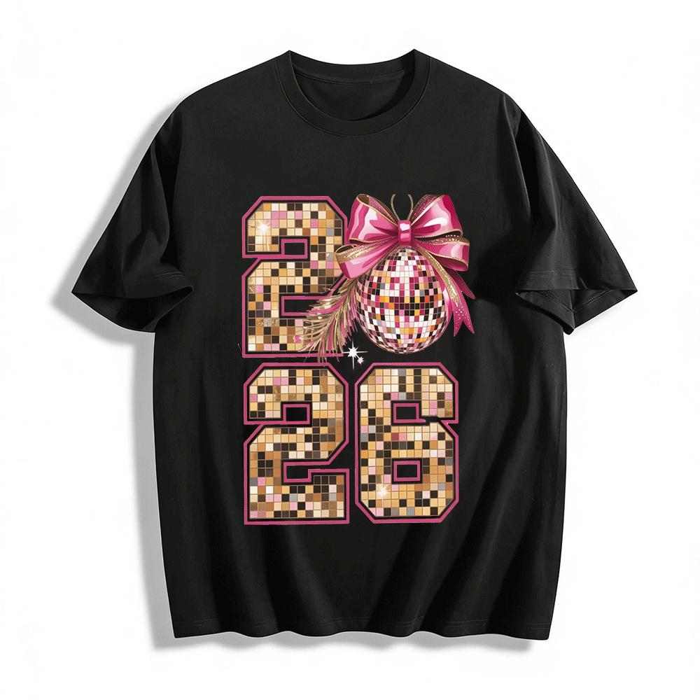 2026 Disco Style New Year Sequined Print Casual Top Pure cotton T-shirt XXS