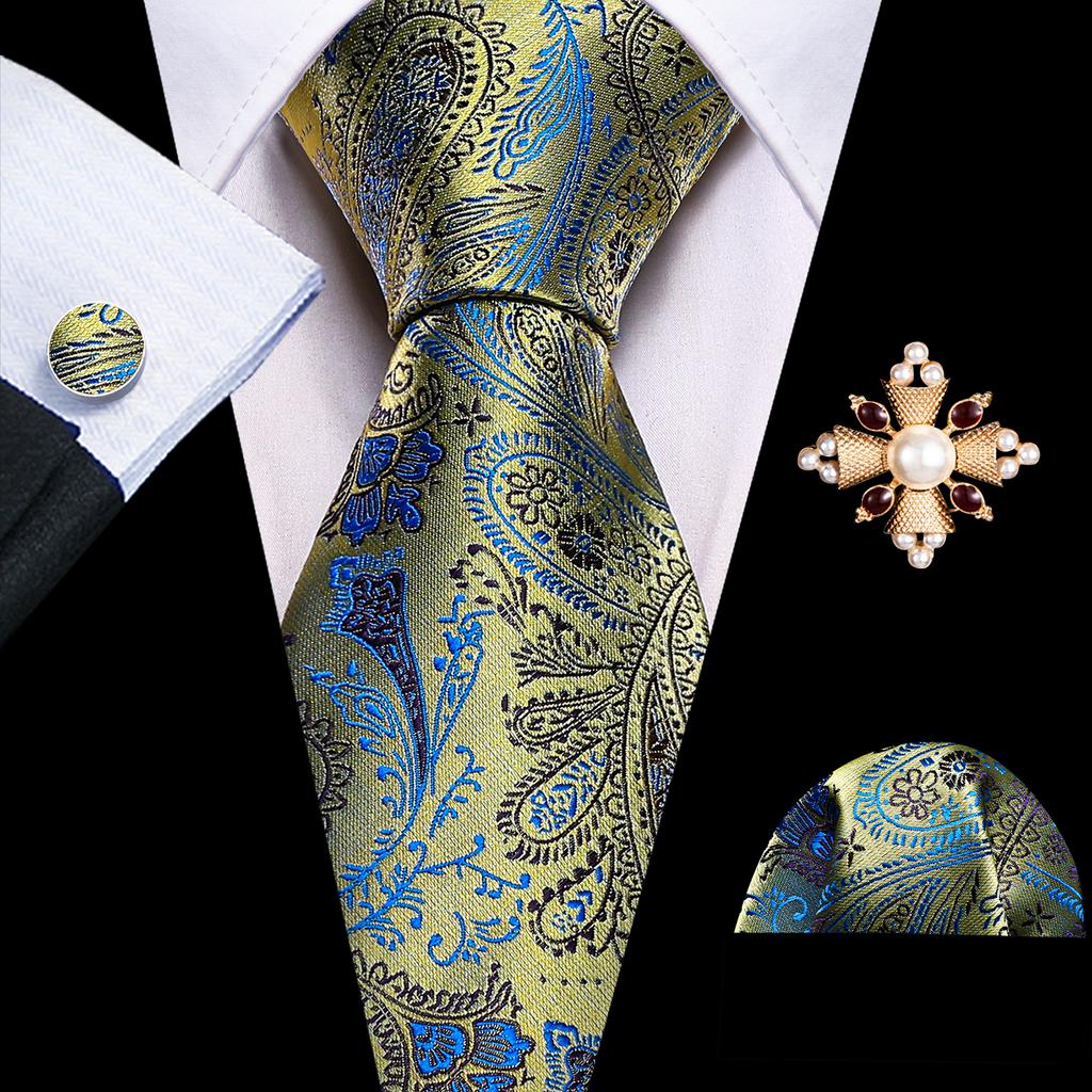 Barry.Wang Pearl sagė su kaklaraiščiu vyrams Paisley gėlių šilko kaklaraištis Hanky rankogalių sąsagų rinkinys