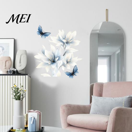 Botanical Wall Accents for Modern Interior Ink-Washed Blue Floral Stickers with Butterflies, Delicate Lily Peel And Stick Waterproof Decorative