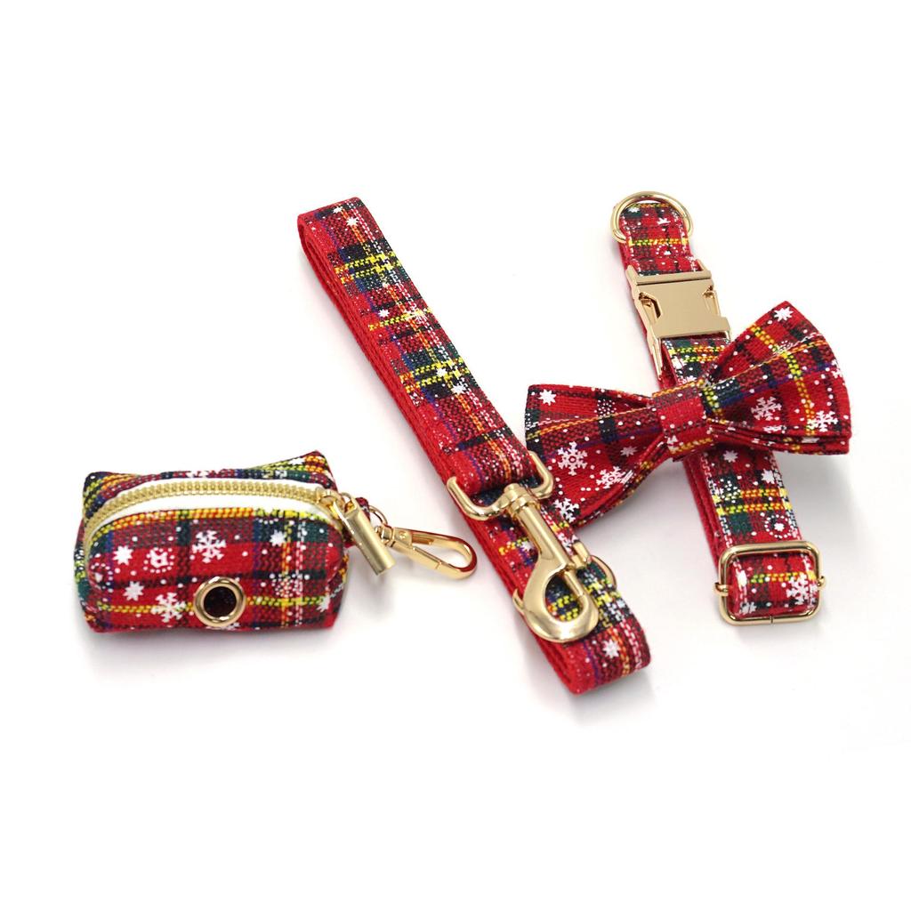 Red Christmas Pet Collar & Leash Set with Bow and Poop Bag Holder