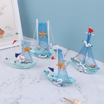 1 STÜCK 15 CM Ornamente Party Dekoration Neue Mediterranen Stil Marine Nautischen Holz Blau Segelboot Schiff Holz Handwerk