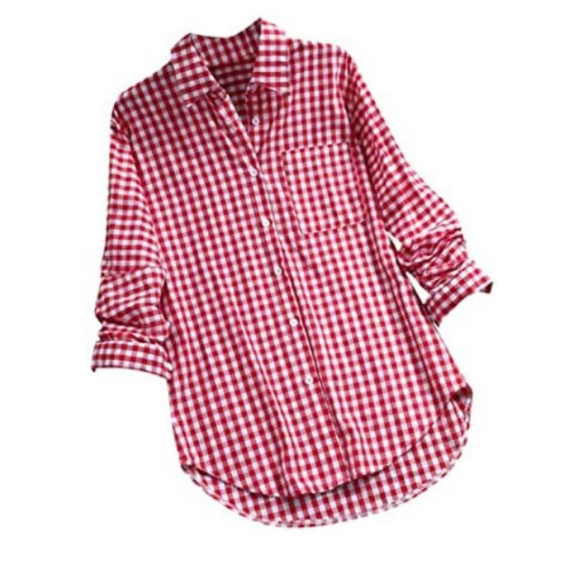 women s Loose Plaid Turn Down Collar Long Sleeve Button Down Casual Shirt Top S красный