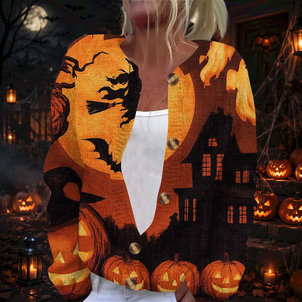 Women's Long Sleeve Knit Cardigan with Halloween Print Button Front for Holiday Party