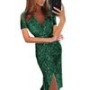 Women Sexy Gold Foil V Neck Long Sleeve Slit Bodycon Midi Evening Party Dress