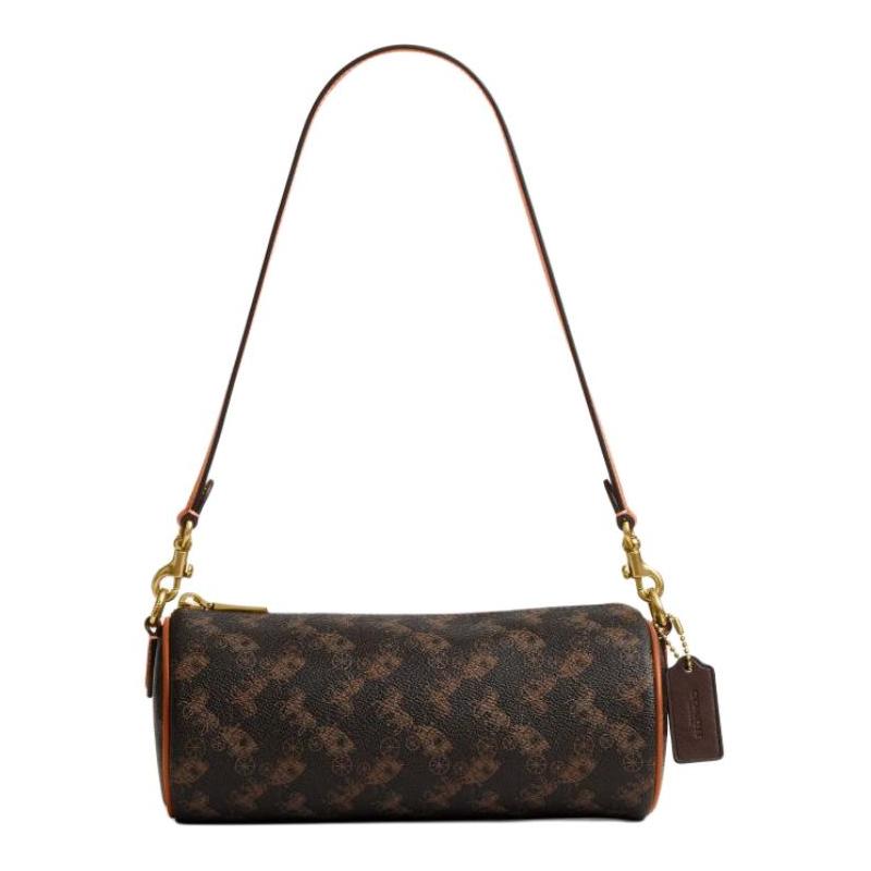 

COACH Barrel 22 Carriage Print Faux Leather Shoulder Bag Small Women s Amber коричневий